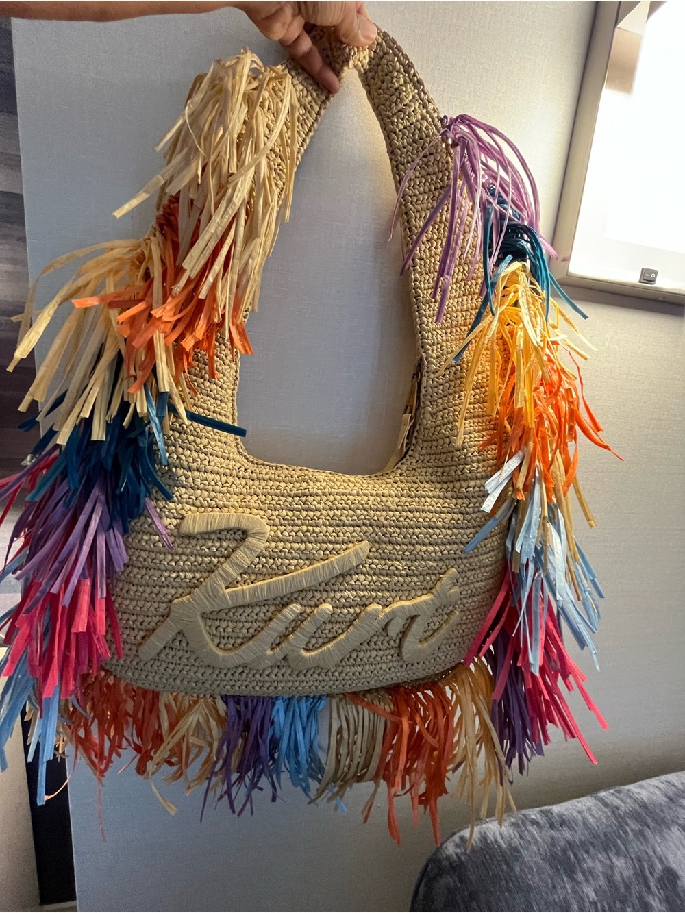 Kurt Geiger Multicolor Raffia Fringe Shoulder Bag